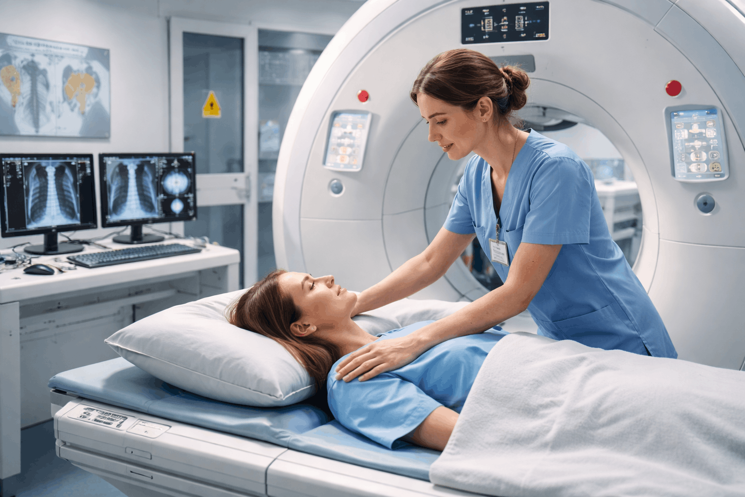Radiographer advanced diploma training showing medical imaging equipment, patient positioning, and diagnostic radiography