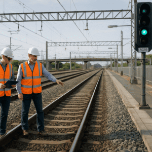 High-resolution image showing UK railway engineering, tracks, signalling systems, and modern infrastructure for a railway engineering course.