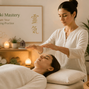 Practitioner performing energy healing in Reiki mastery course with calm wellness environment