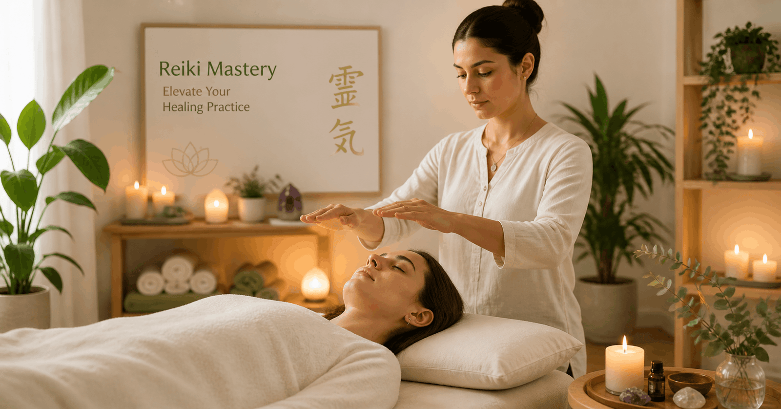 Practitioner performing energy healing in Reiki mastery course with calm wellness environment