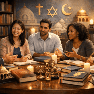 Religious Studies Diploma course showing global religions, sacred texts, and ethical discussion in an academic learning environment