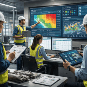 Risk assessment level 3 students reviewing hazard data, risk charts and compliance reports on digital screens