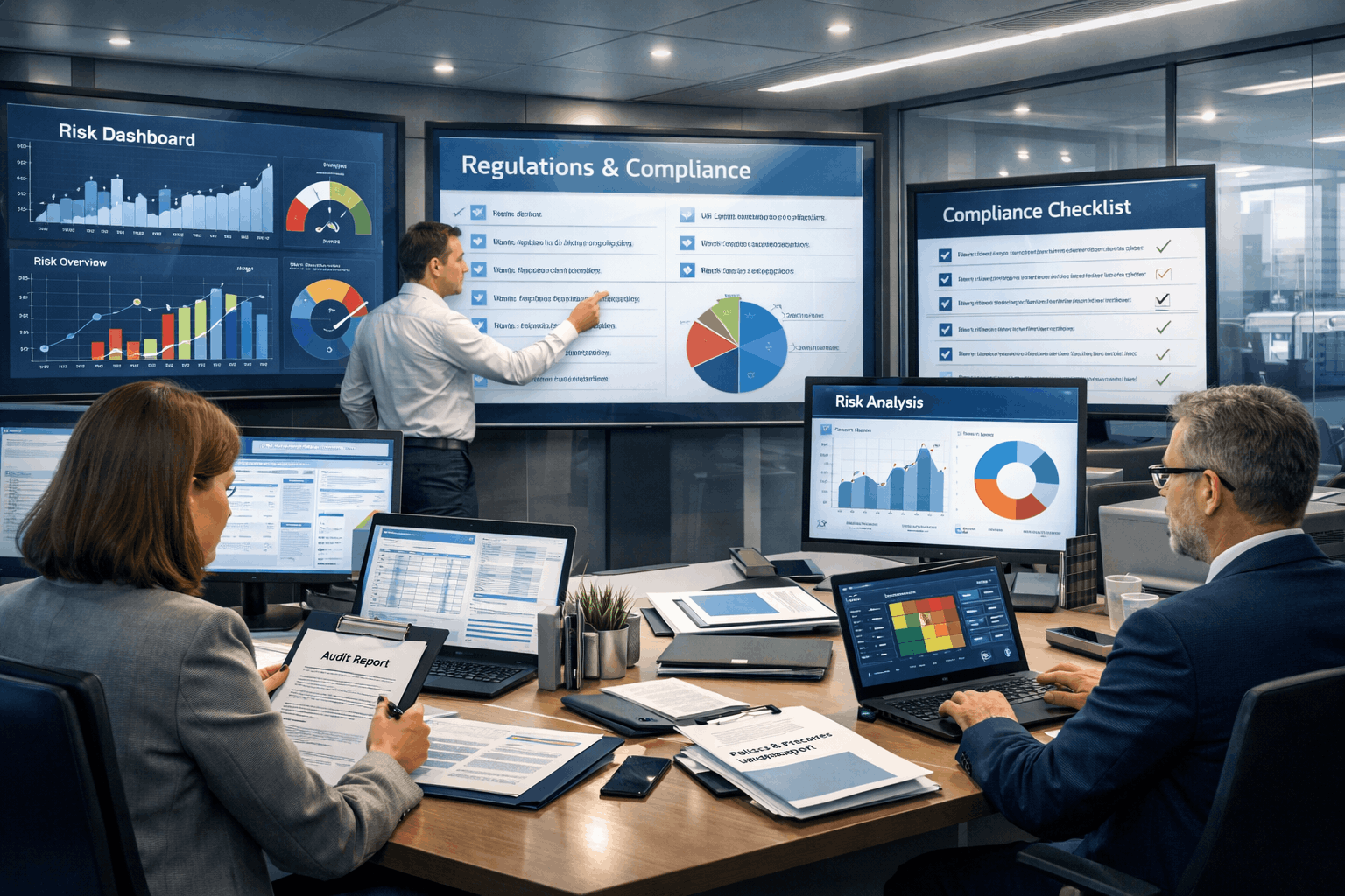 Risk management compliance training course showing UK professionals reviewing risk and regulatory dashboards