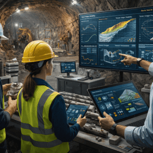 Rock mechanics level 3 students analysing rock cores, slope stability models and tunnel design data