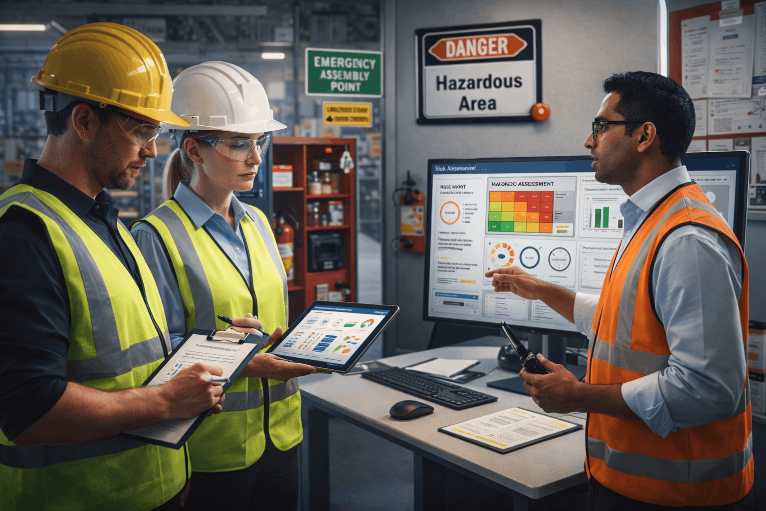 Safety Engineering Diploma showing engineers assessing hazards, emergency preparedness, and workplace safety compliance