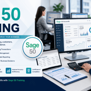Professional accountant using Sage 50 Training software in a modern office environment