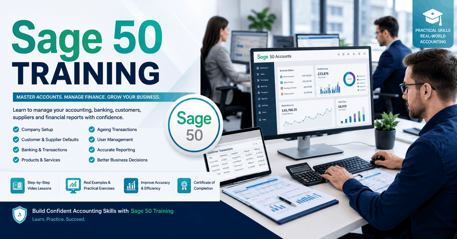 Professional accountant using Sage 50 Training software in a modern office environment
