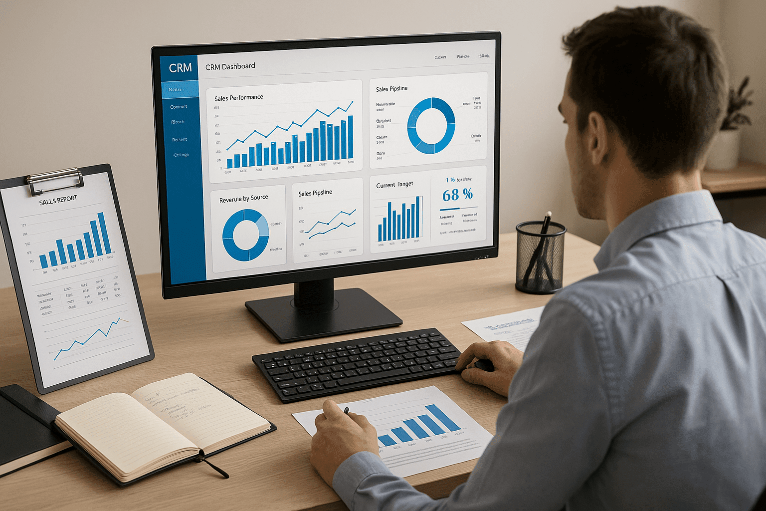 A student reviewing sales charts, CRM dashboards, and performance reports, representing key concepts of the sales management course.