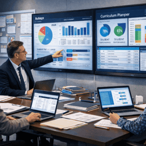 school administration training showing education leaders managing school operations in a modern academic office