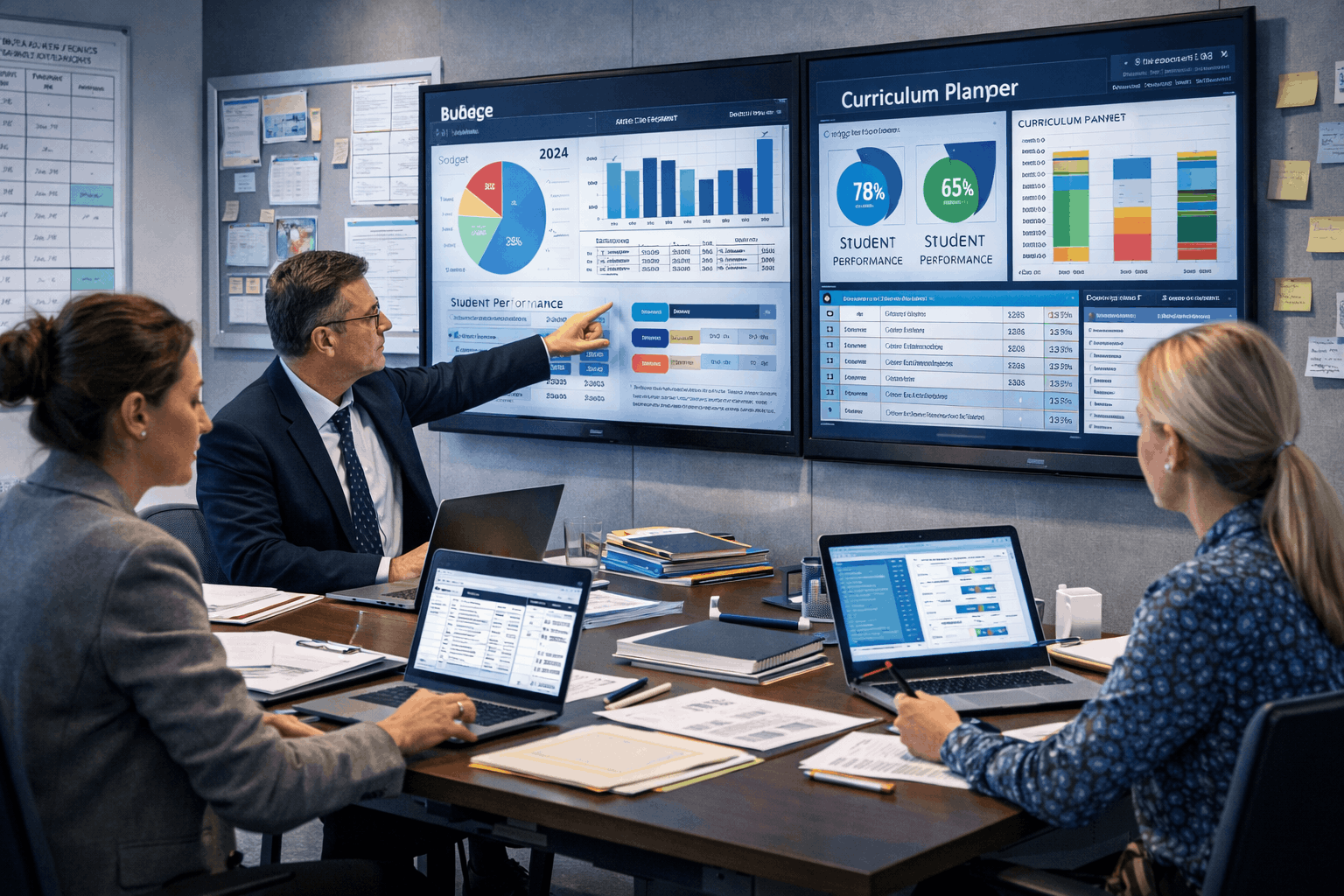 school administration training showing education leaders managing school operations in a modern academic office