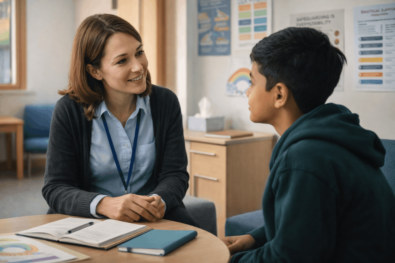School welfare officer training showing a professional supporting students in a school wellbeing and safeguarding setting
