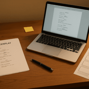 Screenwriting advanced diploma concept with script pages, laptop, pen, and storyboard on a clean desk in a film-writing workspace.