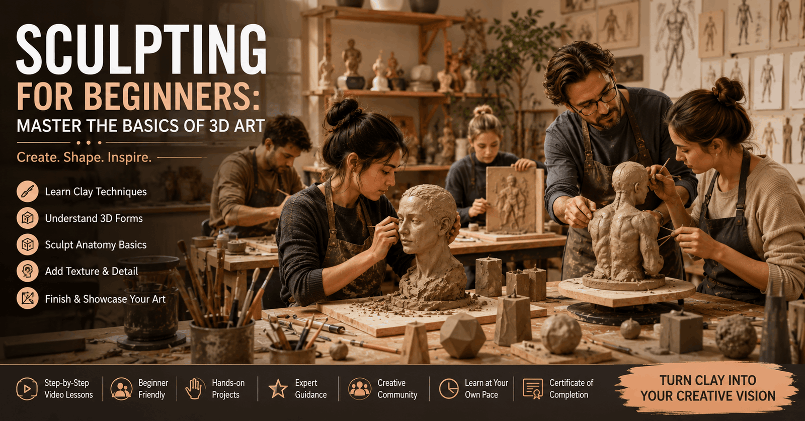 Student creating clay artwork in a Sculpting for Beginners 3D art studio environment