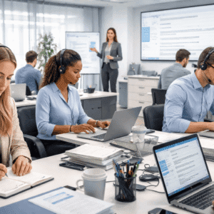 Secretarial Shorthand Diploma students practising business typing and office administration in a modern professional office