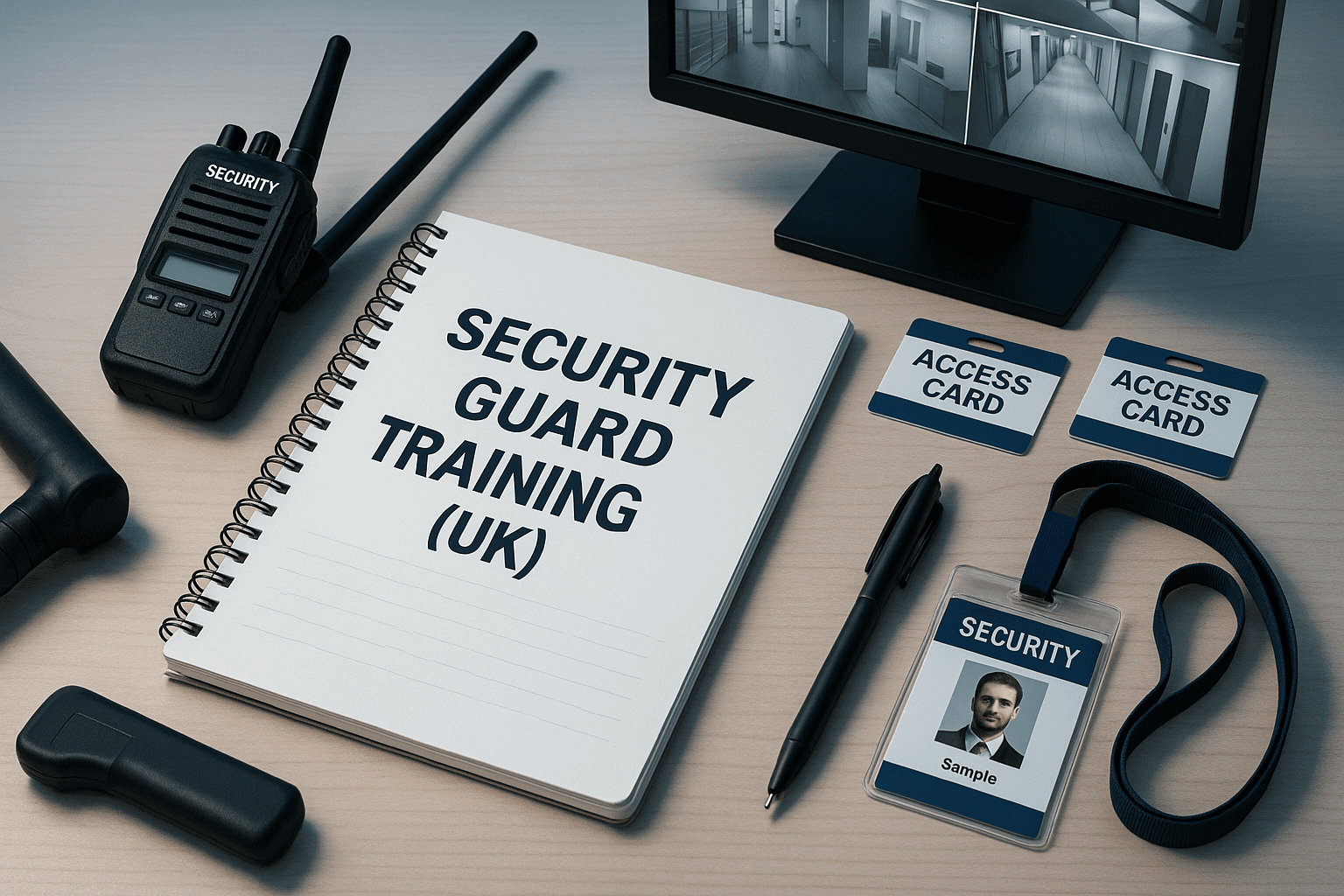 Security guard training scene with UK-style security tools, patrol equipment, and a professional learning setup.