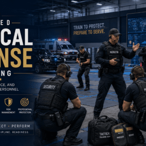 Professional security personnel during Security Tactical Training in a realistic defensive skills and close protection environment.
