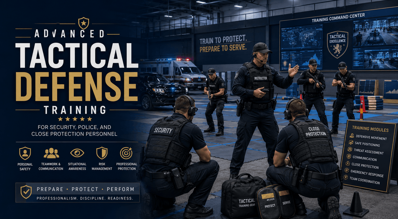 Professional security personnel during Security Tactical Training in a realistic defensive skills and close protection environment.