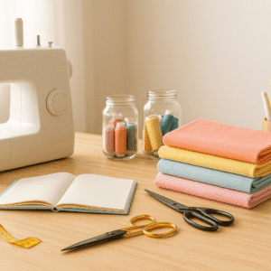 A bright sewing workspace with machine, fabrics, threads, and tools representing a sewing essentials course setup.
