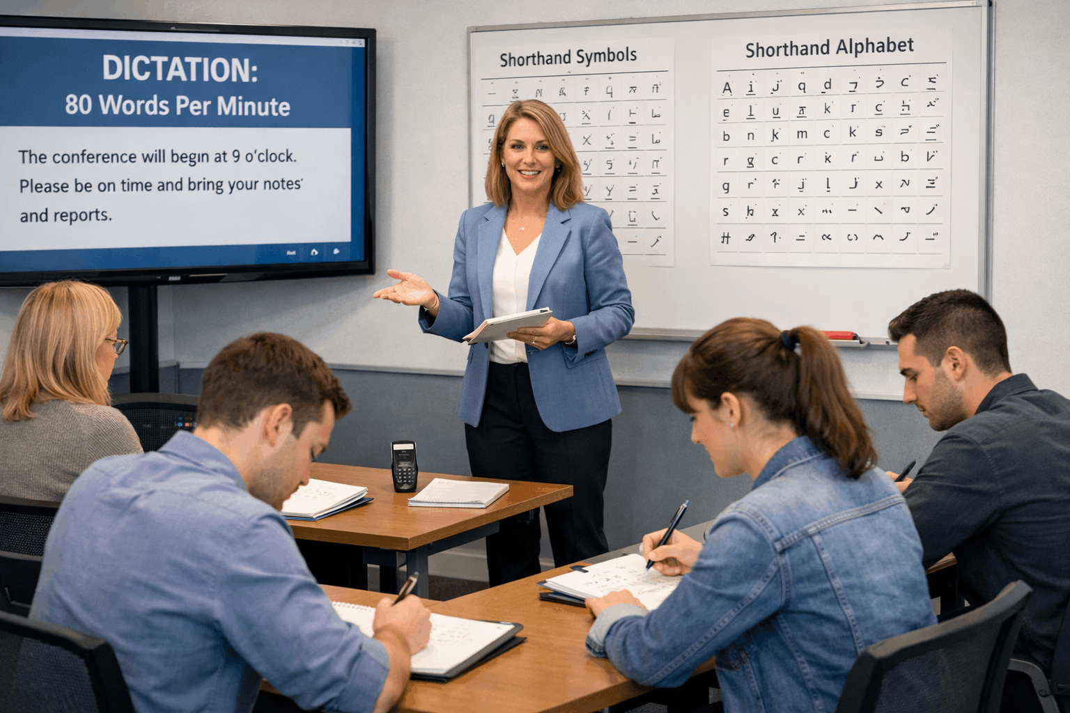 student practicing shorthand writing course using symbols and notebooks in a professional learning environment