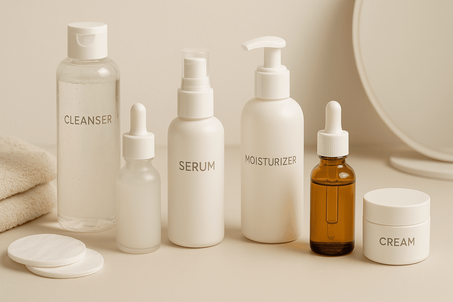 Skincare Essentials image showing skincare products, clean workspace, and morning routine items for a beginner-friendly skincare course.