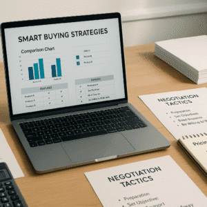 Smart buying strategies training scene showing research, analysis, negotiation and decision-making tools.