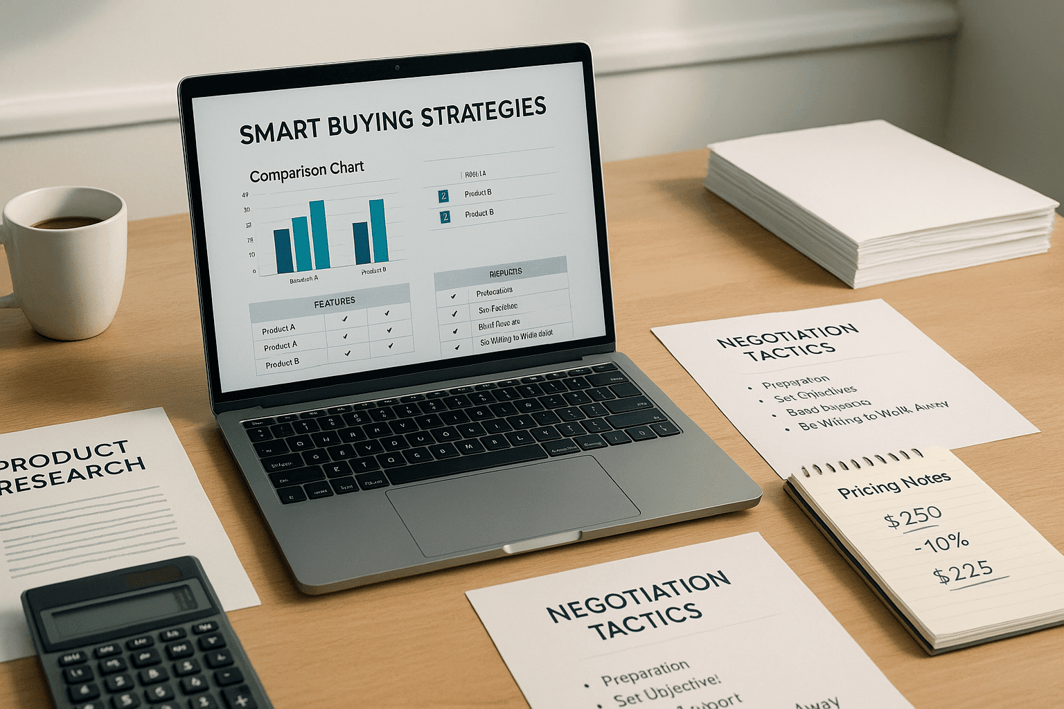 Smart buying strategies training scene showing research, analysis, negotiation and decision-making tools.