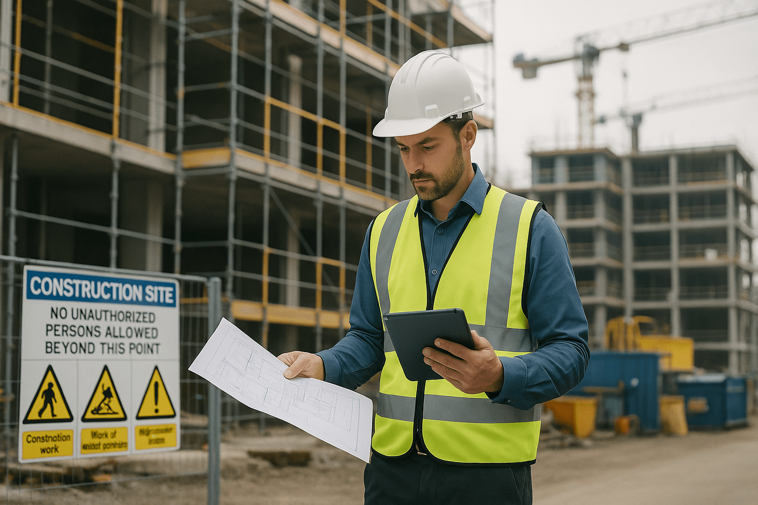 SMSTS training image showing site manager reviewing safety plans on a modern construction site.