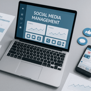 Social media management diploma cover image showing strategy tools, dashboards, and digital planning elements.