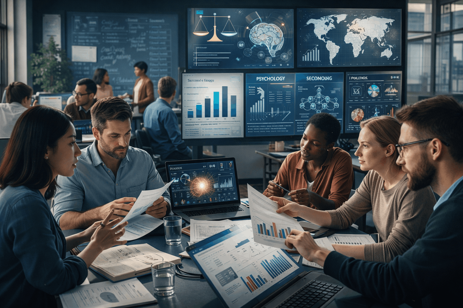 Students analysing social data and theories in a modern classroom for a social science diploma course.