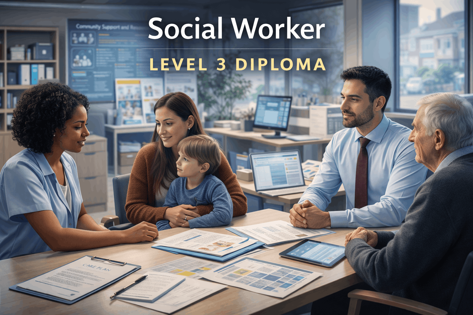 Social workers supporting families and individuals in a Social Worker Level 3 advanced diploma learning environment