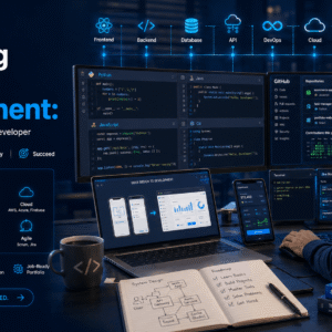Aspiring developer learning Software Development with code editor, laptop, GitHub projects and career roadmap.