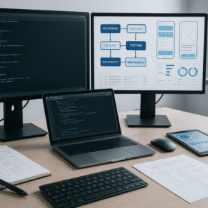 Software Engineering Course Level 2 workspace showing code editors, diagrams, UI layouts, and development tools.