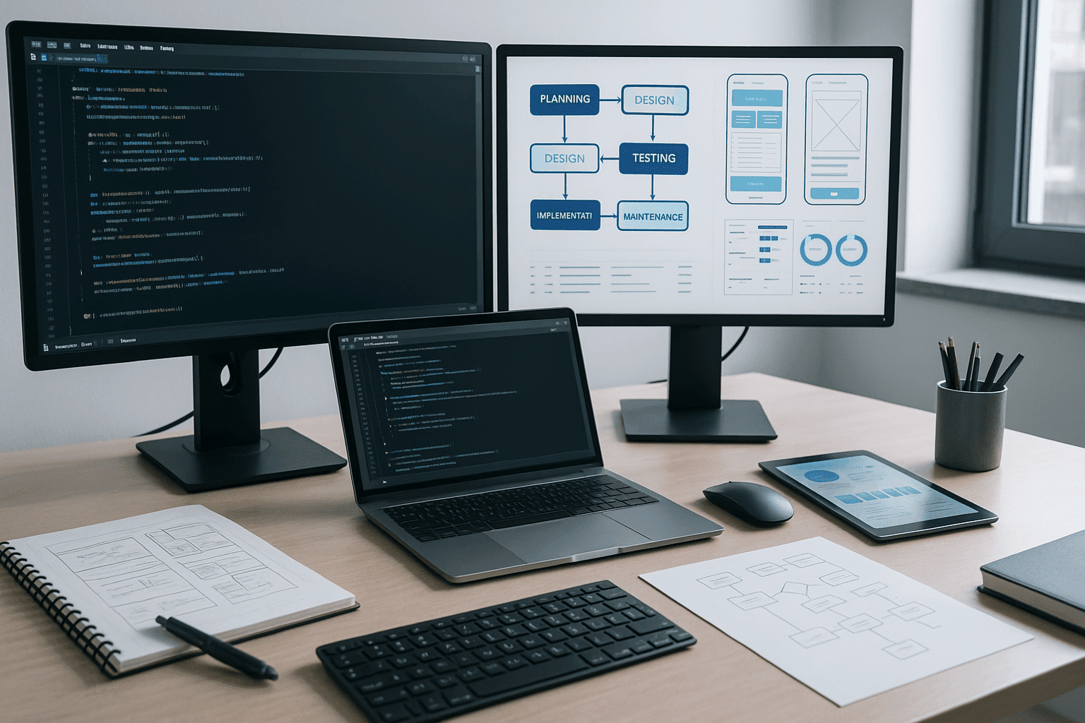 Software Engineering Course Level 2 workspace showing code editors, diagrams, UI layouts, and development tools.
