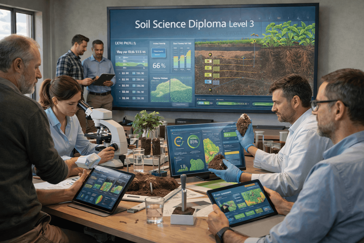Professional soil science diploma Level 3 training showing soil testing, land management and agricultural research