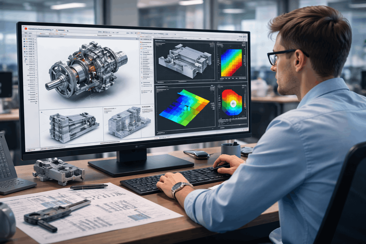 Solidworks advanced diploma training showing complex 3D CAD modelling, assemblies, and simulation tools