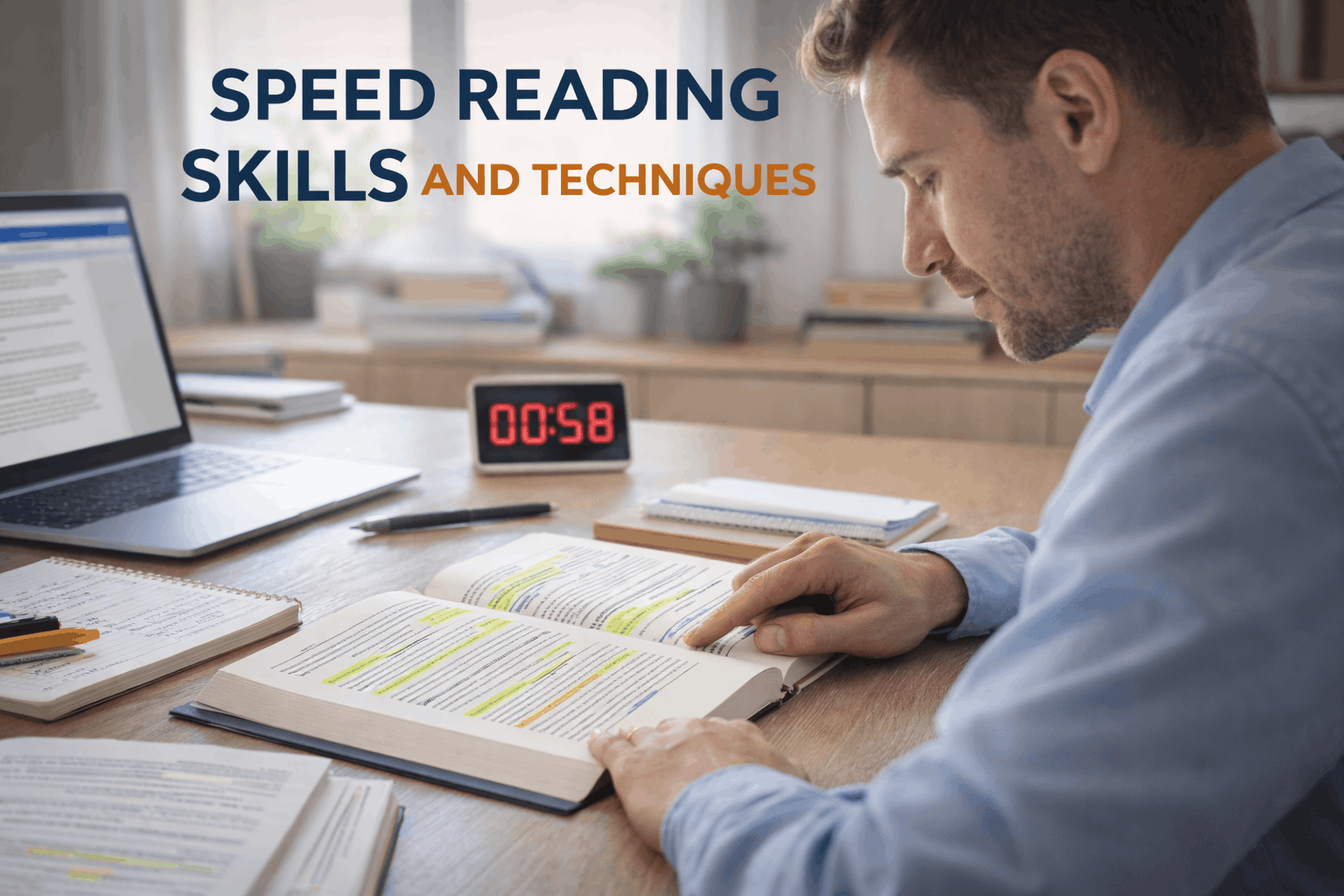 Speed reading skills training showing focused reading, eye movement techniques, and note-taking in a modern learning environment