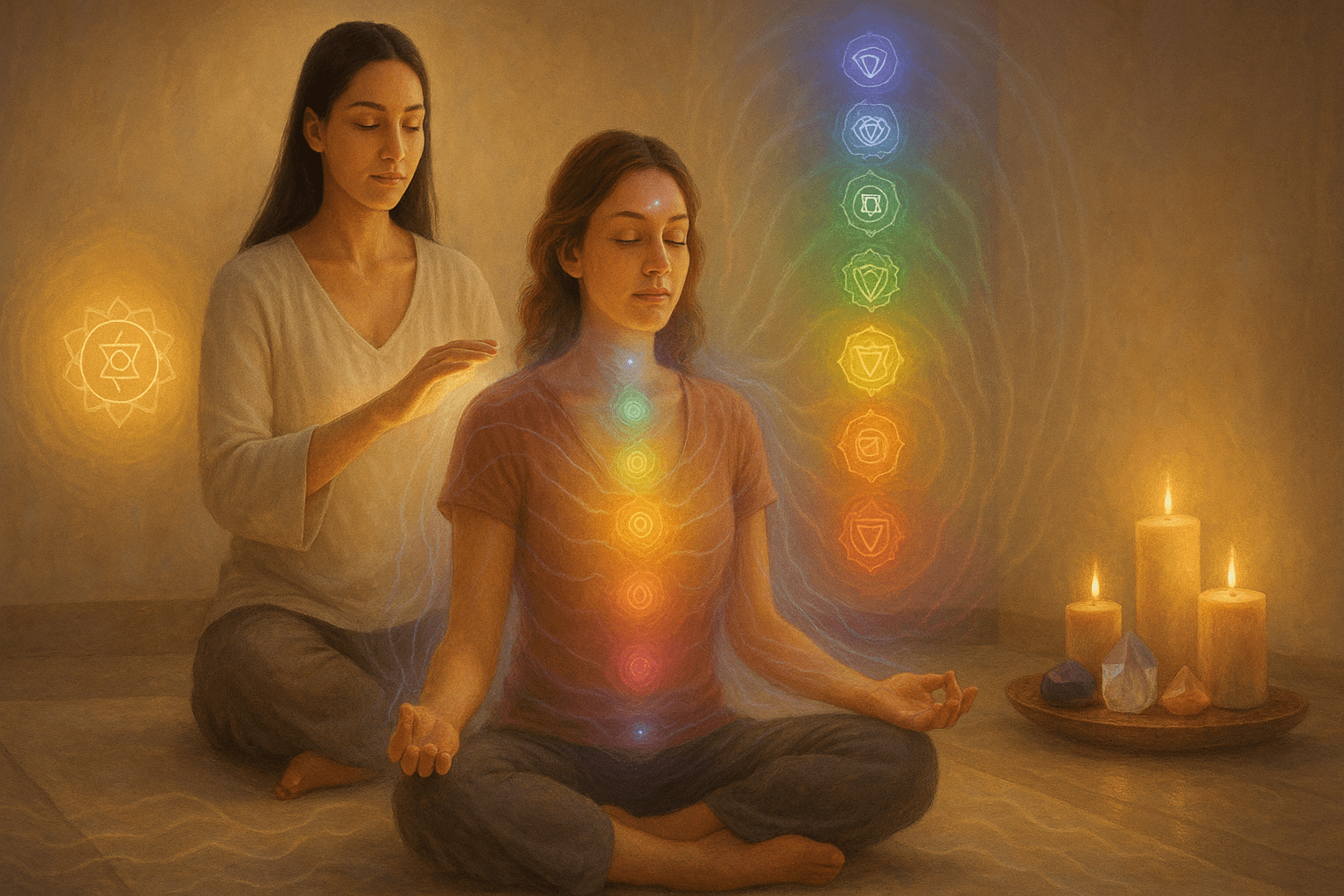 Spiritual healing certification course image showing meditation, healing energy and aura work in a calming setting.
