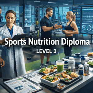 Sports nutrition diploma showing athletes, healthy meals, supplements and performance nutrition planning in a gym setting