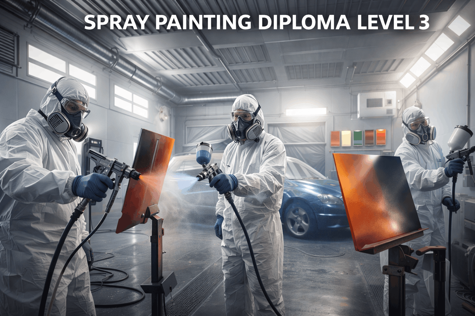 Spray Painting Diploma Level 3 showing professionals using airless and HVLP spray equipment in a controlled workshop