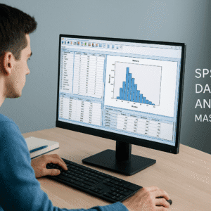 student analysing data on computer using SPSS software for data analysis training