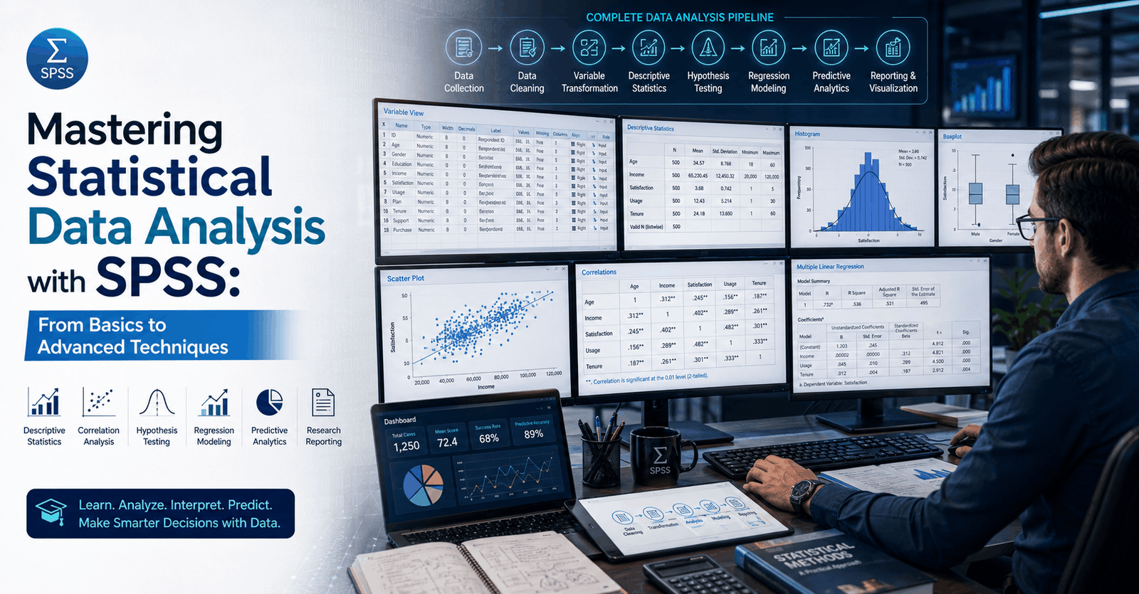 Researcher performing SPSS Data Analysis using statistical charts, regression models, ANOVA tables and data dashboards.