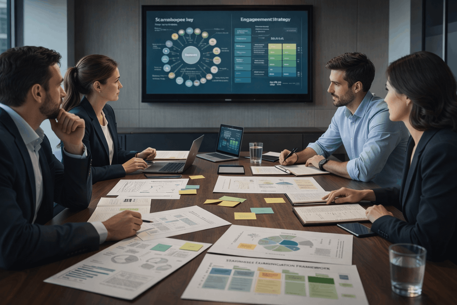 Stakeholder management course showing professionals analysing stakeholder maps and engagement strategies in a modern business setting