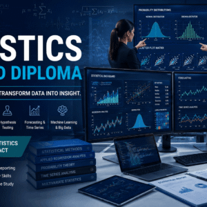 Statistics Diploma course featuring data analytics dashboards, statistical graphs, and predictive modelling tools