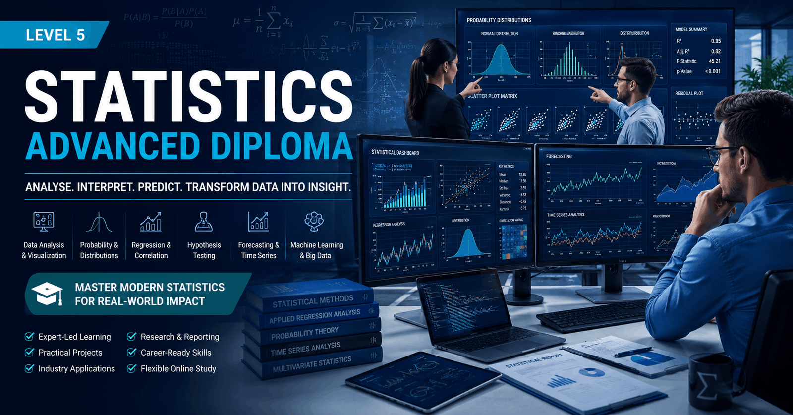 Statistics Diploma course featuring data analytics dashboards, statistical graphs, and predictive modelling tools