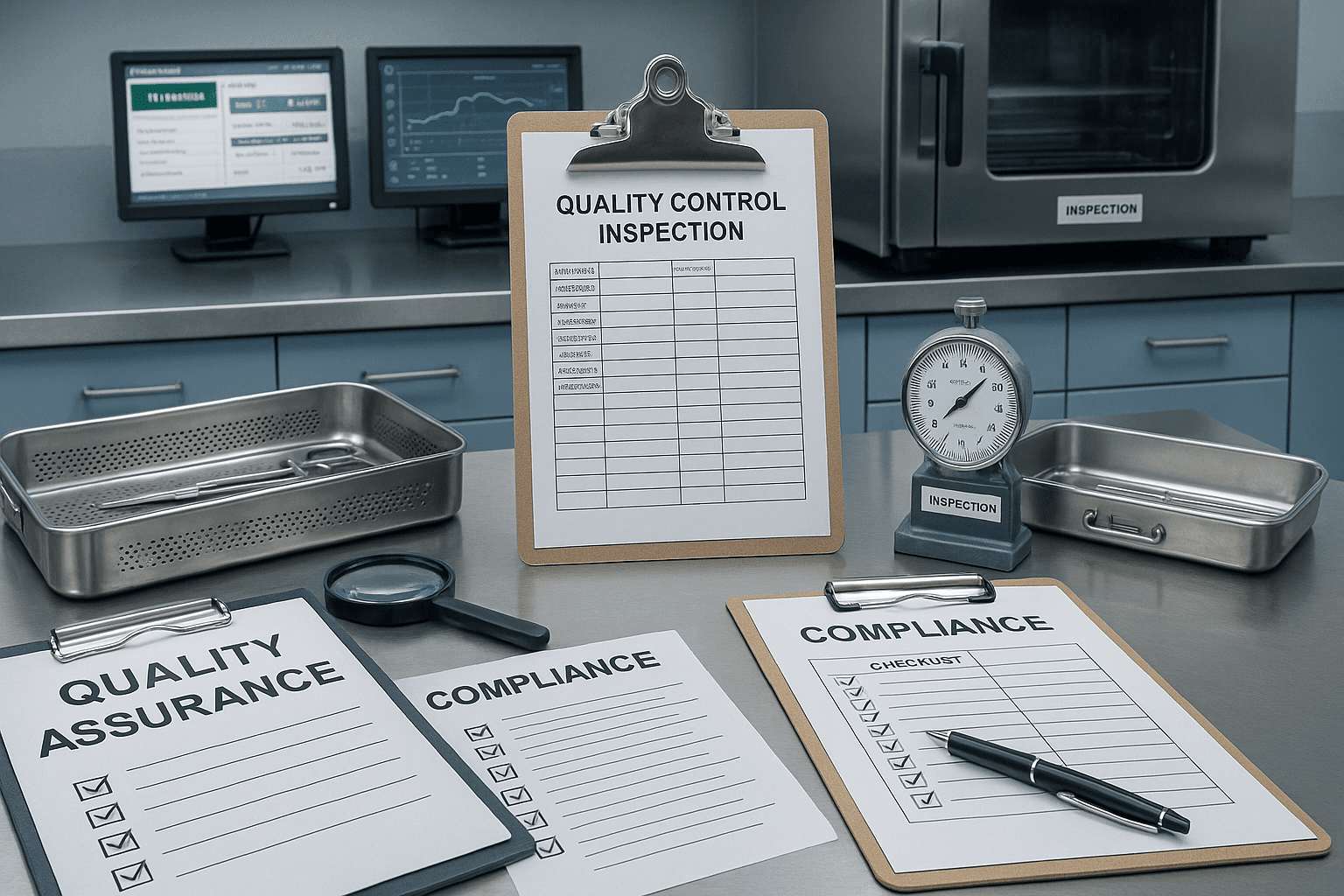 Sterile services quality scene with compliance documents, inspection tools, and monitoring screens in a UK healthcare workspace.