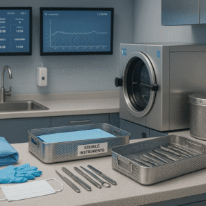 Sterile services training scene with sterilisation tools, PPE, and clean equipment in a modern healthcare setting.