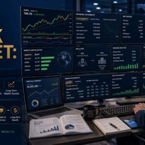 Investor analysing Stock Market Investing charts, financial reports, technical indicators and portfolio performance dashboards.