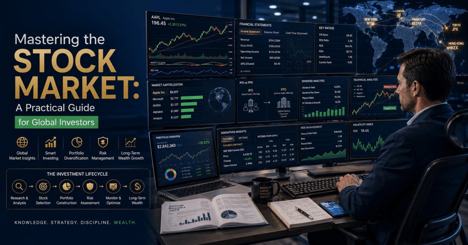 Investor analysing Stock Market Investing charts, financial reports, technical indicators and portfolio performance dashboards.
