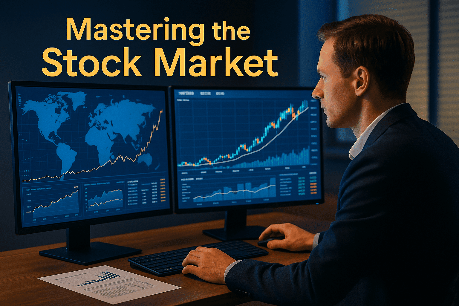 Investor analysing stock market data on dual screens with charts and global trends