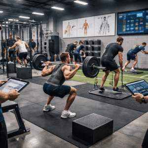 Athletes performing professional gym-based exercises guided by coaches as part of strength and conditioning training.